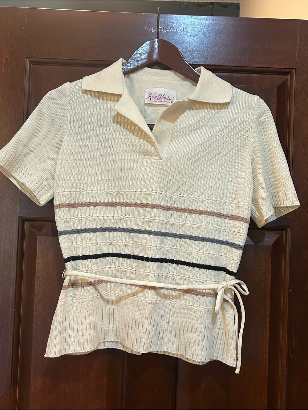 Vintage Kay Windsor Knit Polo Sweater Top Tie Hem Cream Stripe USA Women’s Med?